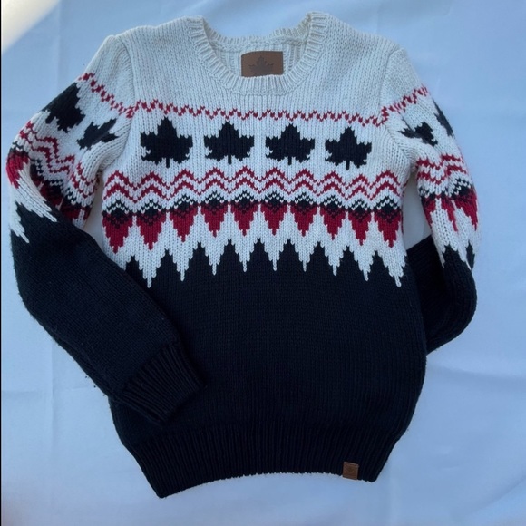 Canadiana Sweater Boys Medium Red White Blue Crew Neck Wool Blend Chunky Knit - Picture 15 of 15